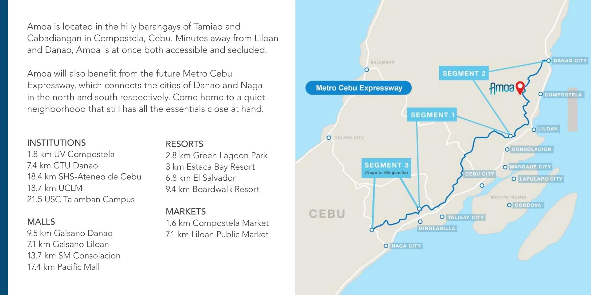 Amoa location map showing Compostela and regional road connections